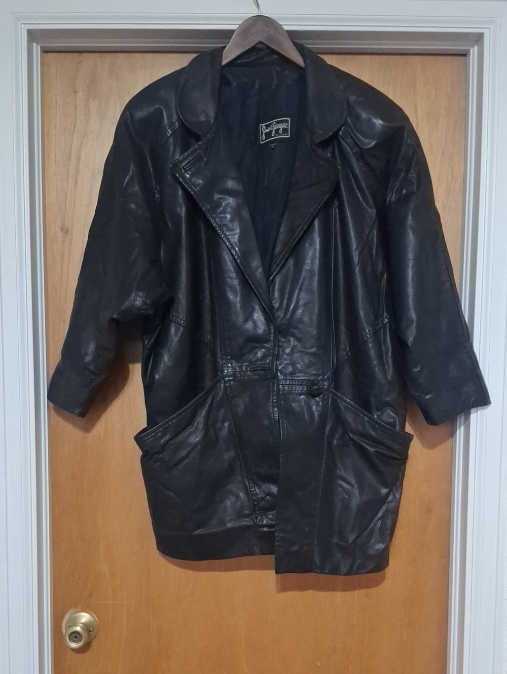Vintage Black Leather Women's Oversized Coat